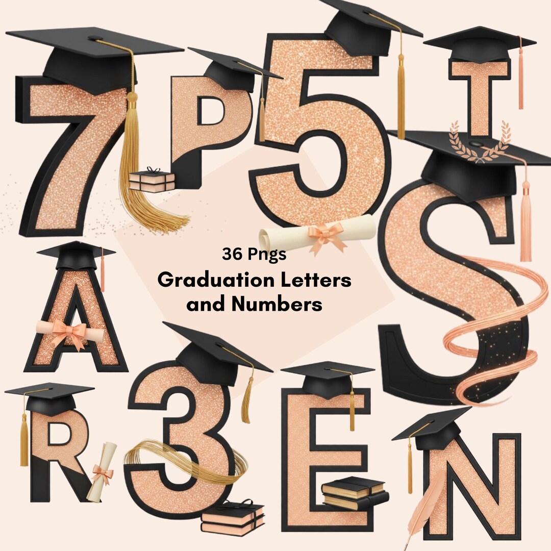Glittery Graduation Letters & Numbers Clipart Bundle A-Z 0-9 PNG, Class ...