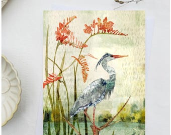 Lakeside Heron Greeting Card: Wetland Bird Wildlife, Blank Inside