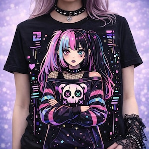Könnte beinhalten: Schwarzes T-Shirt mit einer farbenfrohen Anime-Illustration eines Mädchens mit rosa und blauen Haaren. Das Mädchen trägt ein schwarzes Oberteil mit Totenkopf-Design und Regenbogenstreifen. Das T-Shirt hat einen Rundhalsausschnitt.