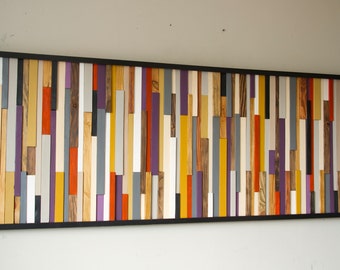 Reclaimed Wood Art, wood wall sculpture 3D, painted wood art pieces, mustard, aubergine,