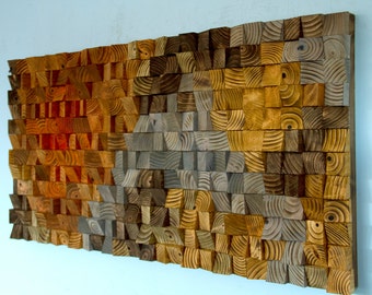 Reclaimed Wood Wall Art sculpture, modern wood wall decor, sound diffuser, wood tones