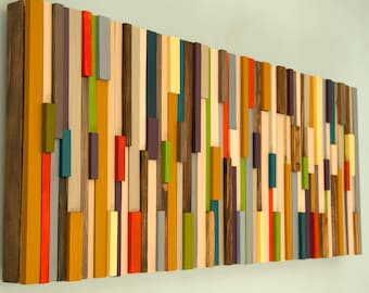 Mid Century wall art, reclaimed wood art sculpture, modern wood wall decor, 70s and 80s colour trends