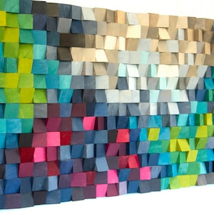 Wood Wall Art sculpture, Wood mosaic sculpture, wall art decor, Abstract painting, colorful, 3d, magenta