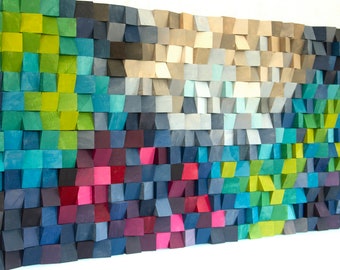 Wood Wall Art sculpture, Wood mosaic sculpture, wall art decor, Abstract painting, colorful, 3d, magenta