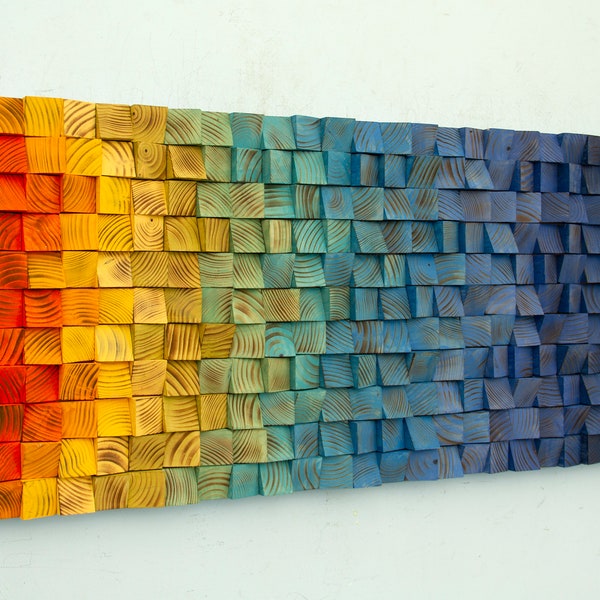 Rainbow Wood wall Art, Ombre Wood Wall Art, red, blue orange, 3D mosaic, reclaimed wood art sculpture, acoustic wall art, sound diffusor