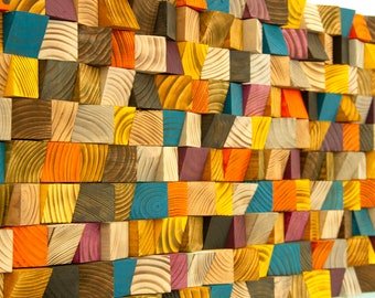 Mosaic Wood Wall Art, reclaimed wood art, Wood Sound diffusor, 2020 colour trends, home office wood art