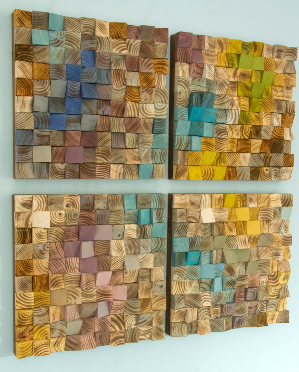 Wood Wall Art mosaic wodd art set of 4 geometric wall art Etsy