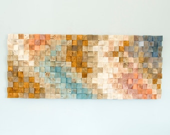 Wood Wall Art, modern wall decor, geometric wood in mid century colours for modern home decor