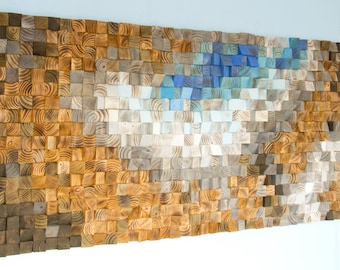 Large Wood wall Art, wood mosaic, geometric art, large art painting on wood - "Fighting River"