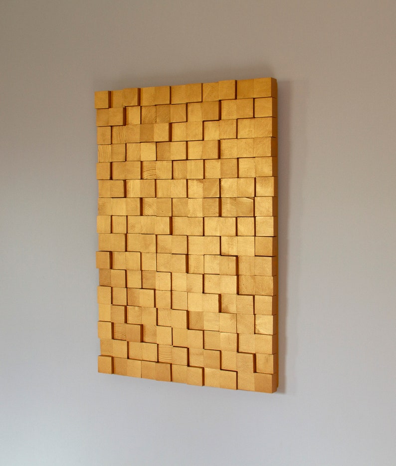 Gold Wood wall Art, 3D Wood Wall Art Decor, golden wood mosaic, geometric art, ready to ship image 4