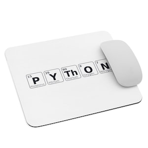 May include: White mousepad with the word "PYTHON" spelled out using elements from the periodic table. A white computer mouse is positioned on the right side of the mousepad. The mousepad has a black border.