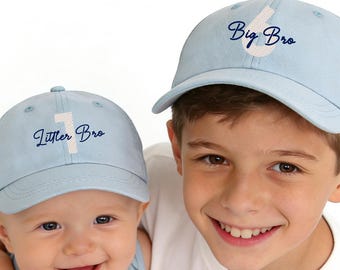 Custom Embroidered Age and Name Children's Baseball Cap, Denim Kids Hat, Personalized Name caps, Big brother hats