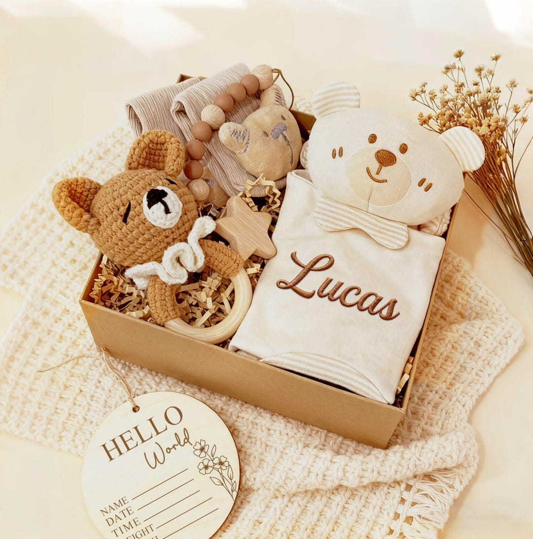 Personalized Baby Gift Set – Woodland Animal Crochet Rattle, Keepsake ...