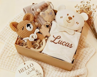 Personalisierte Baby Geschenk-Set - Waldtier häkeln Rassel, Erinnerungsbox