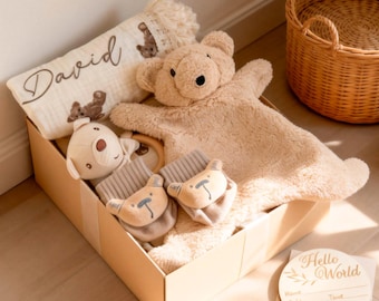 Baby-Geschenk-Box, Musselin Swaddle, Gehäkelte Bär Rassel 2602