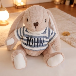 Personalized Bunny Plush, Striped Sweater Rabbit, Custom Name Keepsake 260312