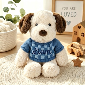 Personalized Puppy Stuffed Animal,Custom Plush Toy in a Blue Checkered Knit Sweater,Baby Shower Gift,Newborn Boy Keepsake,G160703