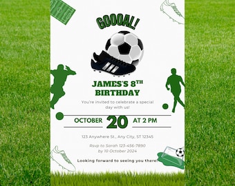 Invitación de cumpleaños de fútbol verde: Plantilla editable para fiesta de fútbol (descarga digital)