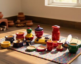 Set di giocattoli da cucina Montessori in legno, realizzati a mano – Gioco di ruolo ecologico