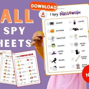 Può includere: Un set di fogli "I Spy" stampabili per l'autunno e Halloween. I fogli presentano illustrazioni colorate di zucche, ragni e altri elementi stagionali. L'immagine include le parole "FALL I SPY SHEETS" e "I Spy Halloween".