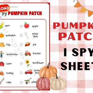 Puede incluir: Una hoja imprimible "Pumpkin Patch I Spy" con un fondo de cuadros vichy rojos y blancos. La hoja incluye ilustraciones de calabazas, maíz, manzanas y otros elementos temáticos de otoño. Las palabras "Pumpkin Patch" e "I Spy Sheet" están en negrita, en rojo y negro.