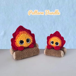 May include: Two crocheted fire-themed plushies. Each has a red and orange flame design with large googly eyes, sitting on brown log-shaped bases. The text "Pattern Bundle" is above the plushies.