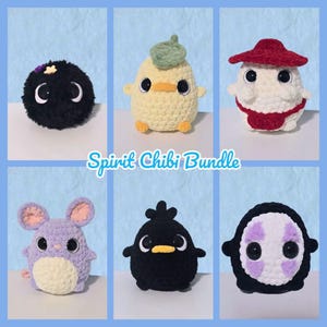 May include: A collection of six crocheted spirit chibi figures in various colors. The figures include a black ball with white eyes, a yellow chick with a green leaf, a white figure with a red hat, a purple mouse, a black bird, and a white figure with a black mask. The text "Spirit Chibi Bundle" is also present.
