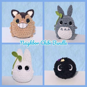 May include: A collection of four crocheted plush toys in a square format. The toys include a brown creature with a large grin, a gray bunny-like figure with a leaf, a white bunny-like figure with a leaf, and a black ball with eyes. The text "Neighbor Chibi Bundle" is in the center.