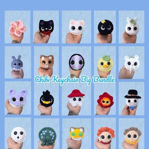 May include: A collection of sixteen crocheted chibi keychain figures, each with unique designs, including flowers, cats, and other characters. The text "Chibi Keychain Big Bundle" is displayed across the image. The background is a light blue.