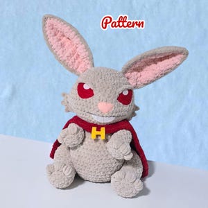 May include: A handmade crochet bunny plushie with large ears, red eyes, and a red cape. The bunny has a pink nose and a yellow "H" emblem. The word "Pattern" is written in red at the top.
