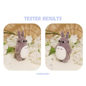Może przedstawiać: Dwie szydełkowe figurki Totoro, szare z białymi brzuchami i czarnymi oczami. Tekst "TESTER RESULTS" znajduje się nad figurkami, a "COONCROCHET" pod nimi. Na białej powierzchni z białymi kwiatami.