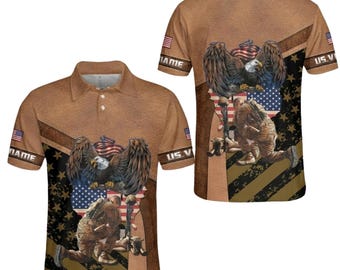 Veteran Eagle Polo Shirt, US Flag Military Memorial Gift, Custom Name Sleeve