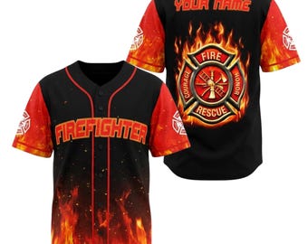 Custom Firefighter Baseball Jersey, Personalized Fire Rescue Flame Shirt