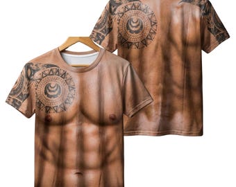 Funny Muscle Body Print Shirt, Tattoo Illusion Tee, Realistic Abs T Shirt