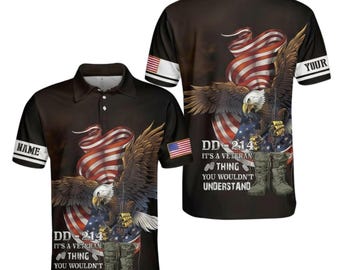 Polo personalizado Veteran Eagle con bandera de EE. UU. y diseño militar DD214. Regalo personalizado.