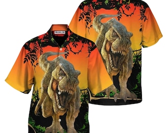 3D Dinosaur Hawaiian Shirt, T Rex Sunset Aloha Button Up