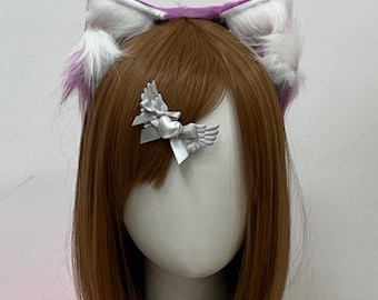 Orejas de lobo realistas moradas y blancas: diadema peluda para cosplay multicolor