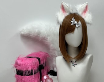Fuchs Ohren, weiße helle Farbe, Kunstpelz Stirnband und Schwanz: Cosplay Kostüme Accessoire