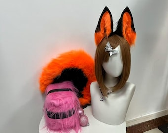 Kunstpelz Fuchs Ohren und Schwanz Set, Schwarz & Orange Cosplay
