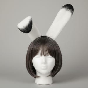 Arctic Rabbit Ears Headband Poseable Bendable Wire Faux Fur, White with Black Tips Hare Ears Cosplay, Nature Inspired Bunny Ears