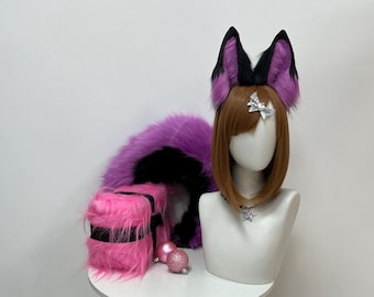 Orejas de lobo realistas negras y moradas: Diadema peluda para cosplay