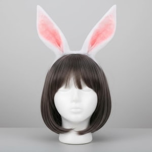 Realistic Poseable Rabbit Ears Headband Bendable Wire Faux Fur, Detachable Bunny Ears Cosplay, White Pink Premium Rabbit Ear Headband