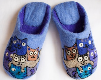 Cadeau pour amoureux des chats/ Pantoufles en feutre/ chaussons en feutre/ chaussons en laine/ Chats/ chaussures pour femmes/ chaussons/ cadeau pour amoureux des chats/ chaussons pour chats