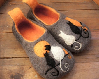 Gevilte dames kattenslippers - grijze en oranje wollen huisschoenen - kerstcadeau voor kattenliefhebbers