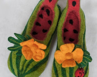 Felted slippers/ wool slippers/ handmade home  slippers/ green slippers/ watermelon slippers/ gift for a ladybug lover