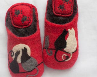 Felted women's slippers with cats - a gift for cat lovers - orange and gray felted women's shoes - wool clogs