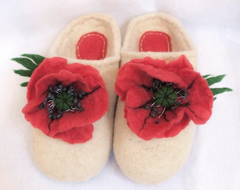 Felted women's slippers with poppy brooch - slippers with poppies - wool felted clogs