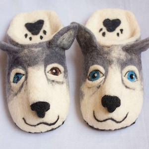 Felted Wool Husky Dog Slippers - Handmade Dog Lover Gift