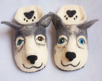 Felted women's slippers husky dog, Wool slippers  dog lovers gift