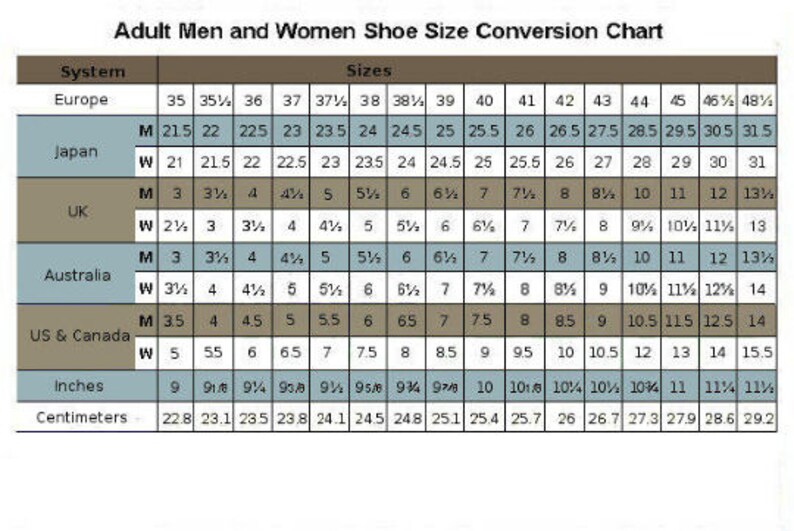 May include: A shoe size conversion chart for adults, showing sizes in European, Japanese, UK, Australian, US & Canadian, and inch and centimeter measurements.